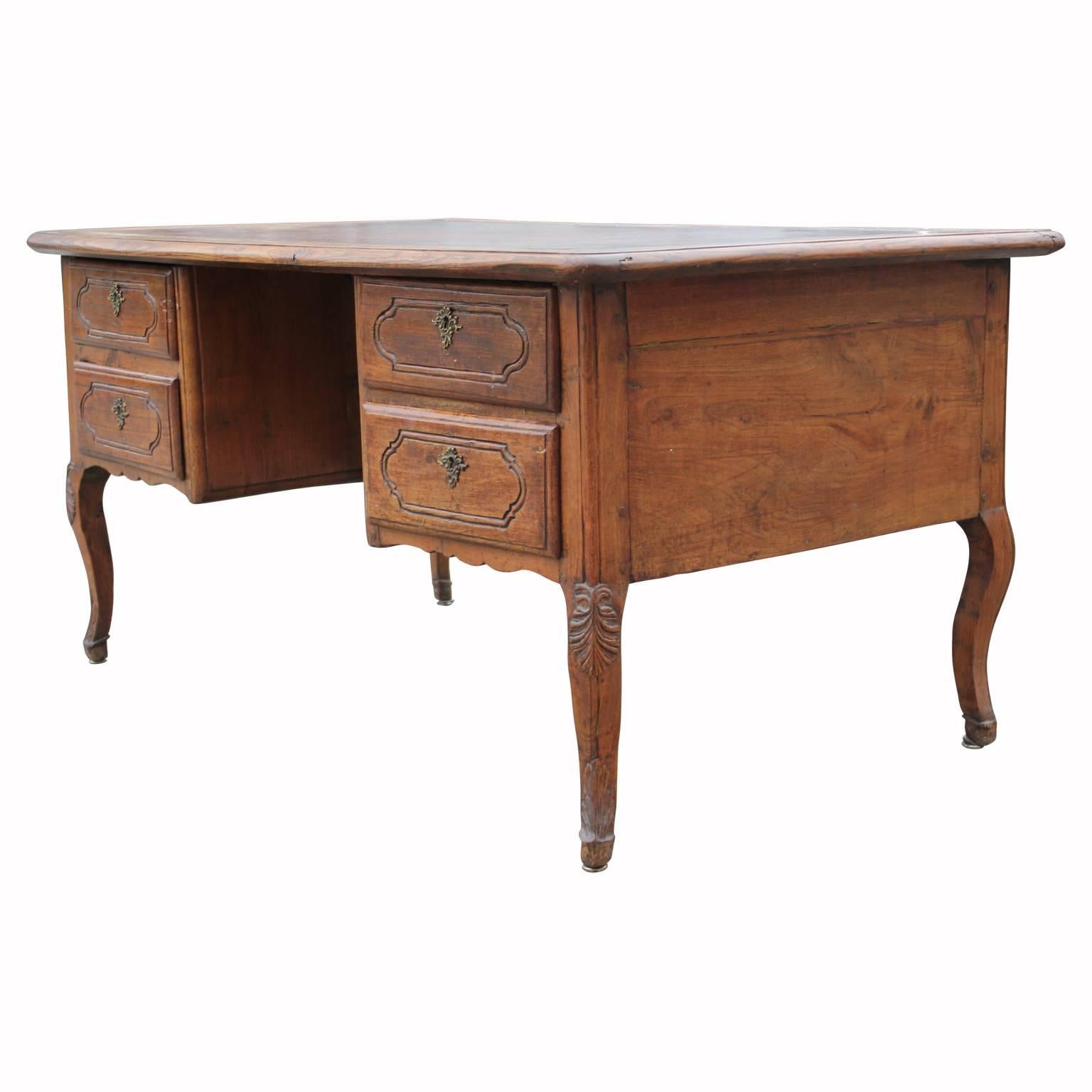 French Provincial 18th Century Louis XV Leather Top French Desk with Carved Detailing