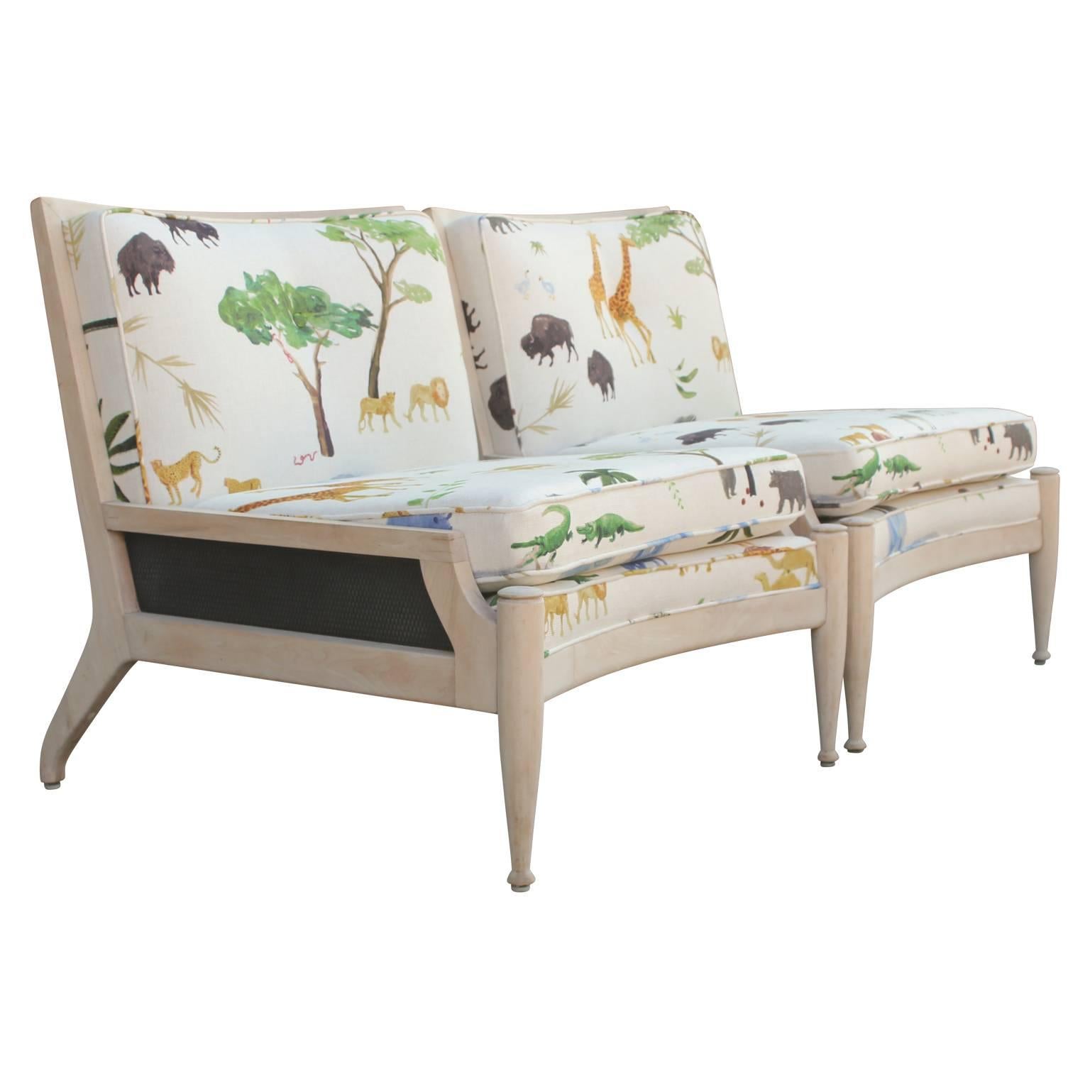 Mid-Century Modern Pair of Modern Bleached Wood Cane Lounge Chairs in Colorful Jungle Animal Print