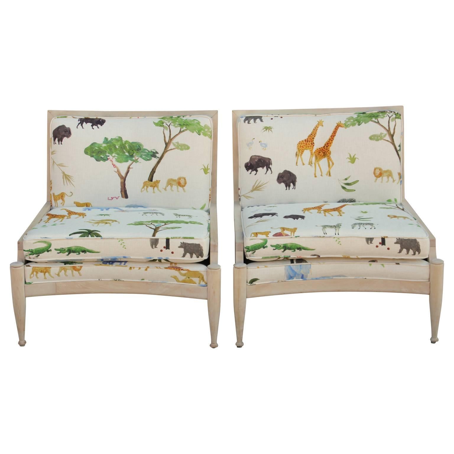 Pair of Modern Bleached Wood Cane Lounge Chairs in Colorful Jungle Animal Print