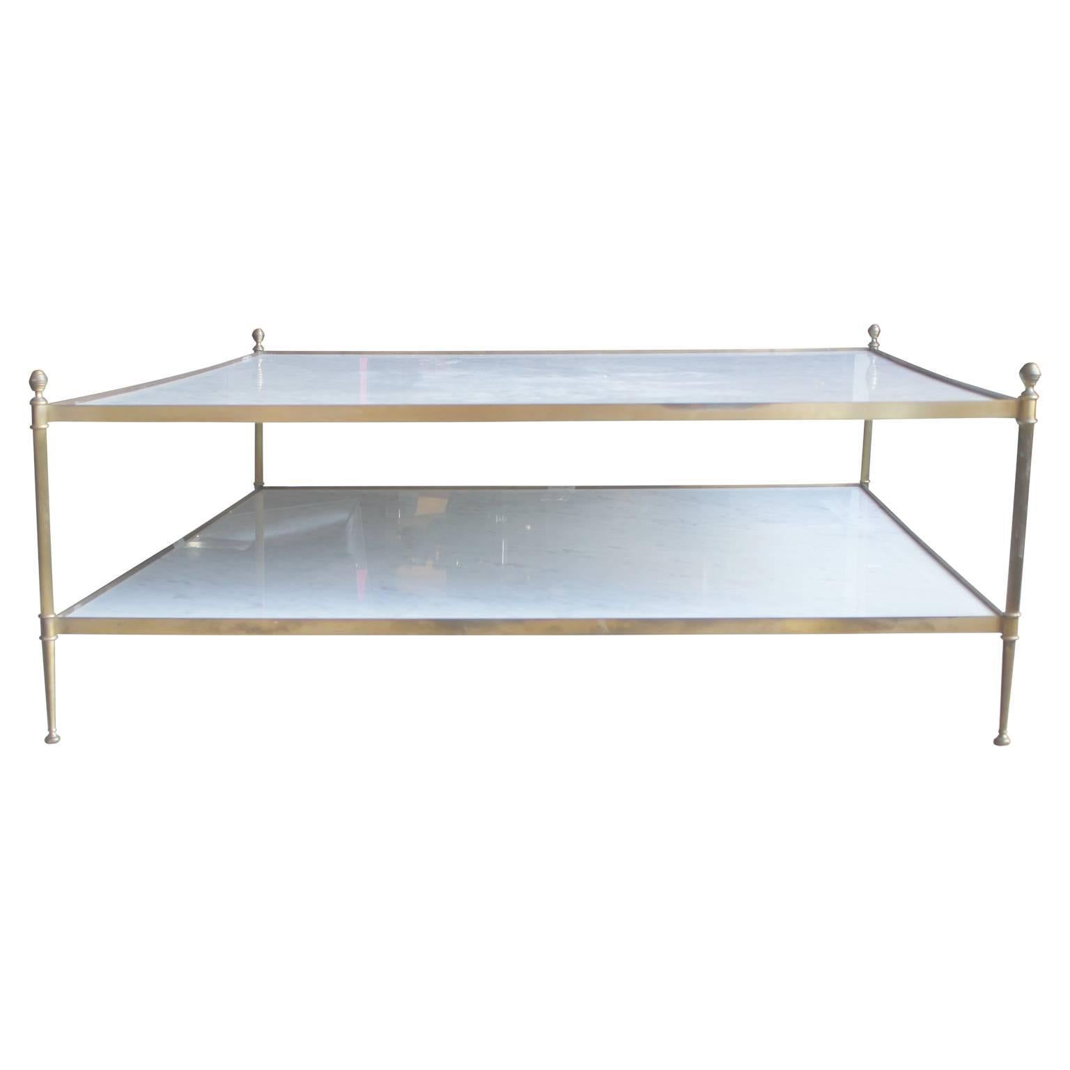 Mid-20th Century Hollywood Regency Italian Marble and Brass Two-Tiered Square Coffee Table
