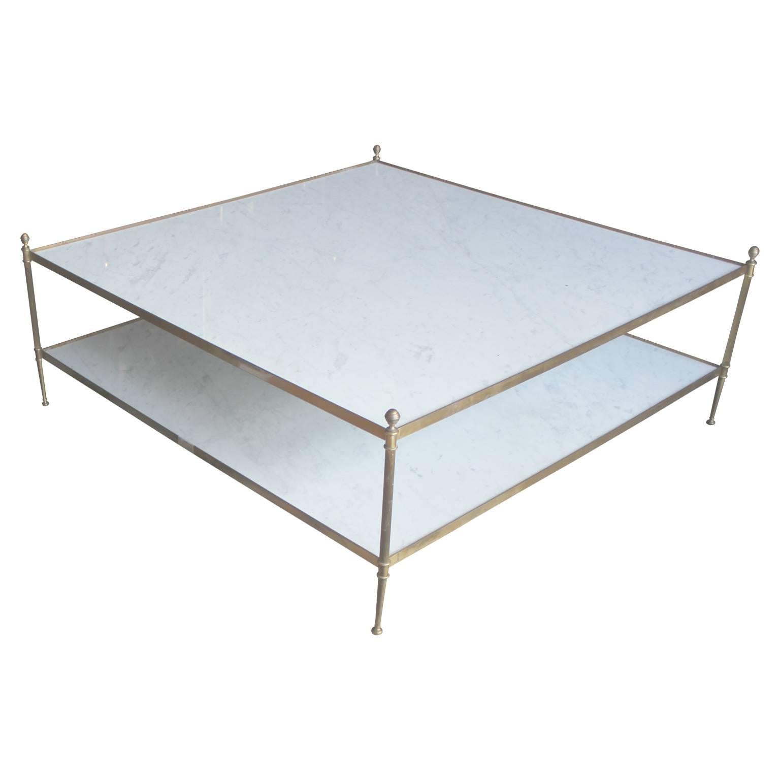 Hollywood Regency Italian Marble and Brass Two-Tiered Square Coffee Table In Excellent Condition In Houston, TX