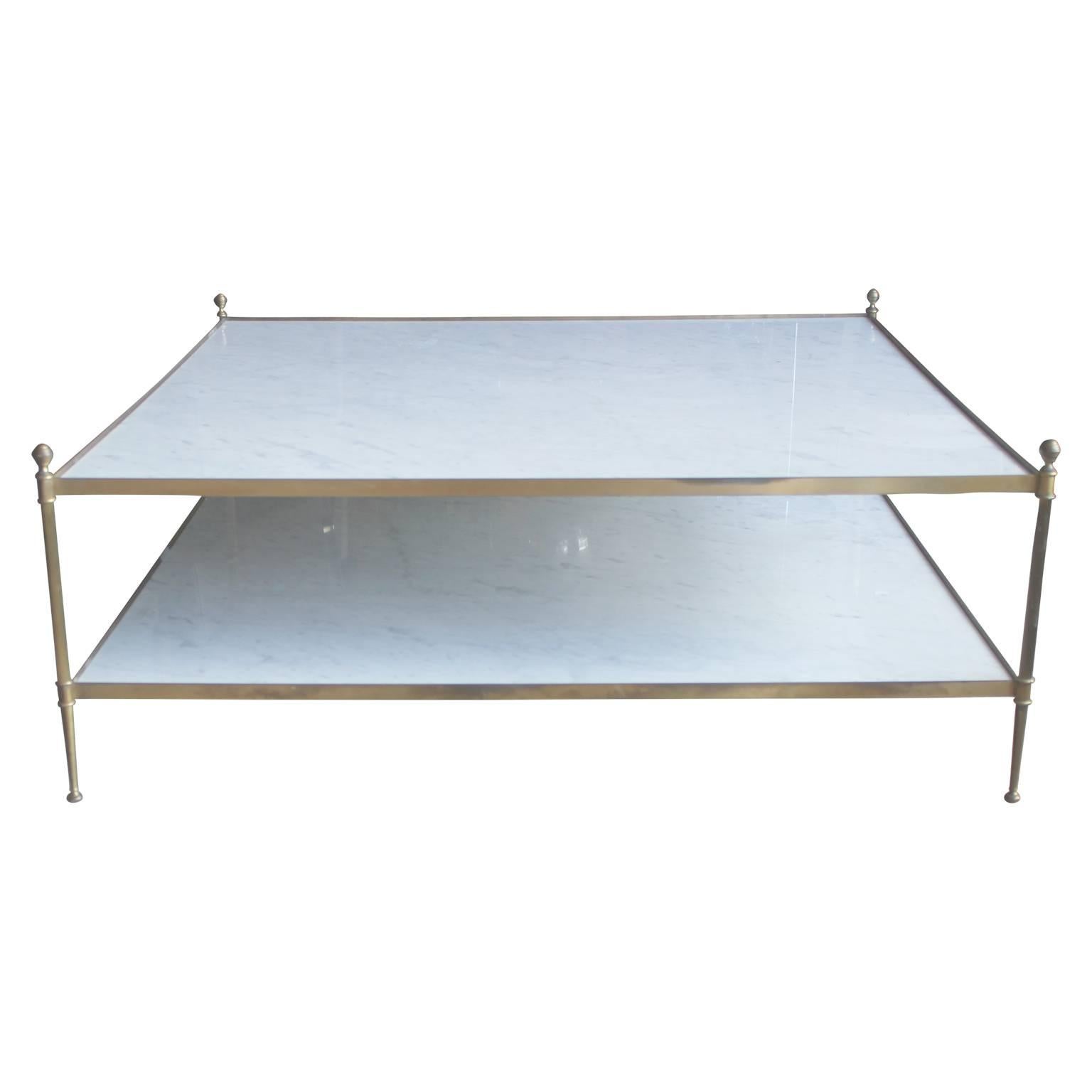 Hollywood Regency Italian Marble and Brass Two-Tiered Square Coffee Table 1