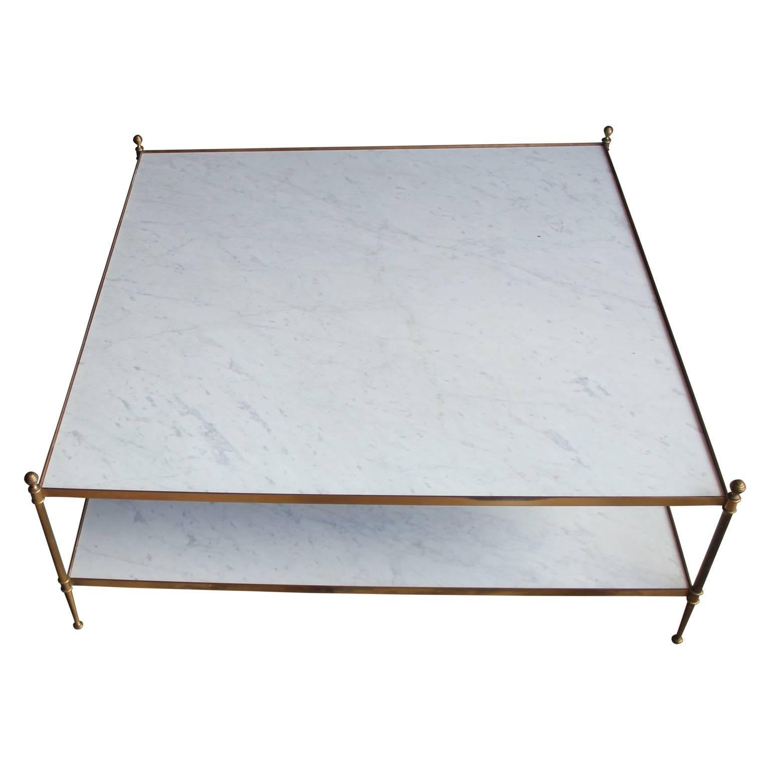 Hollywood Regency Italian Marble and Brass Two-Tiered Square Coffee Table 3