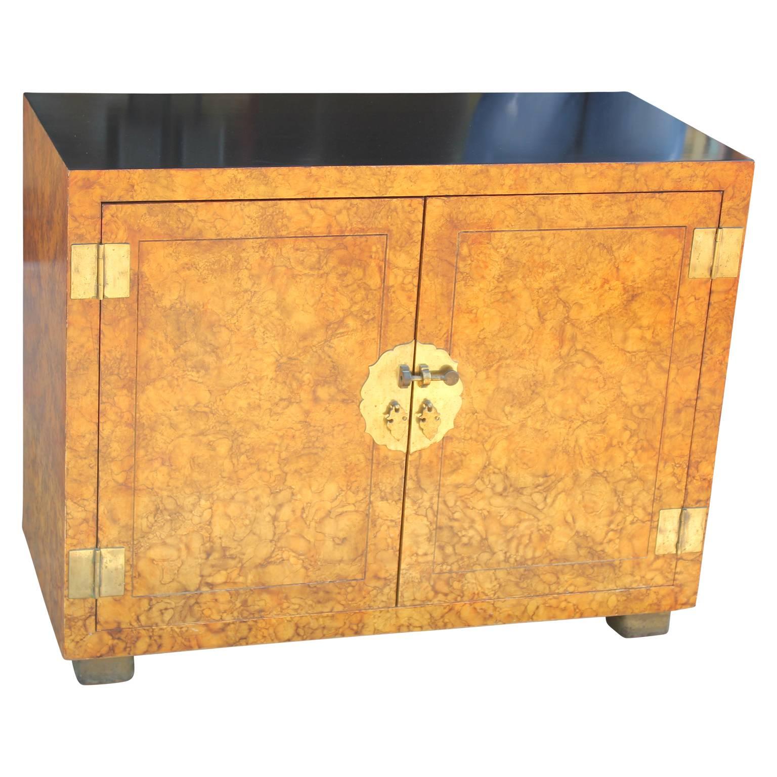 Hollywood Regency Modern Henredon Two-Tone Faux Tortoise Shell Chest or Cabinet with Brass Accents