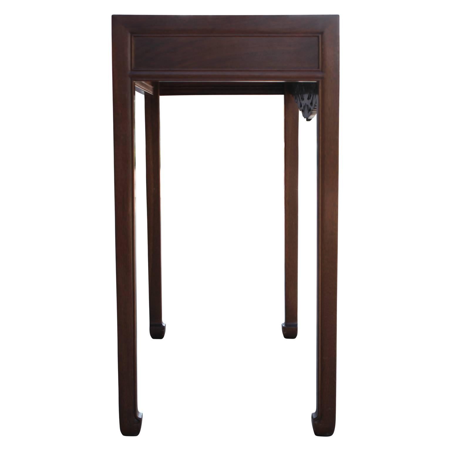 Ming Modern Teak Console Table with Hand-Carved Asian Motifs & Horse Hoof Feet