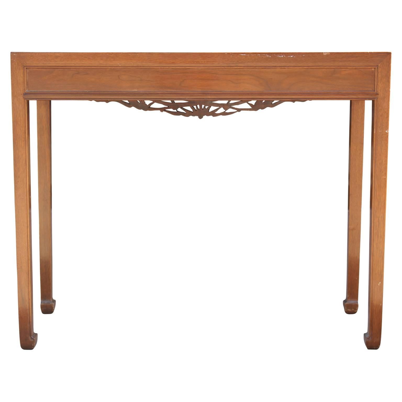 Modern Teak Console Table with Hand-Carved Asian Motifs & Horse Hoof Feet In Excellent Condition In Houston, TX