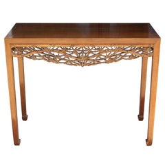 Modern Teak Console Table with Hand-Carved Asian Motifs & Horse Hoof Feet