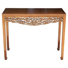 Modern Teak Console Table with Hand-Carved Asian Motifs & Horse Hoof Feet