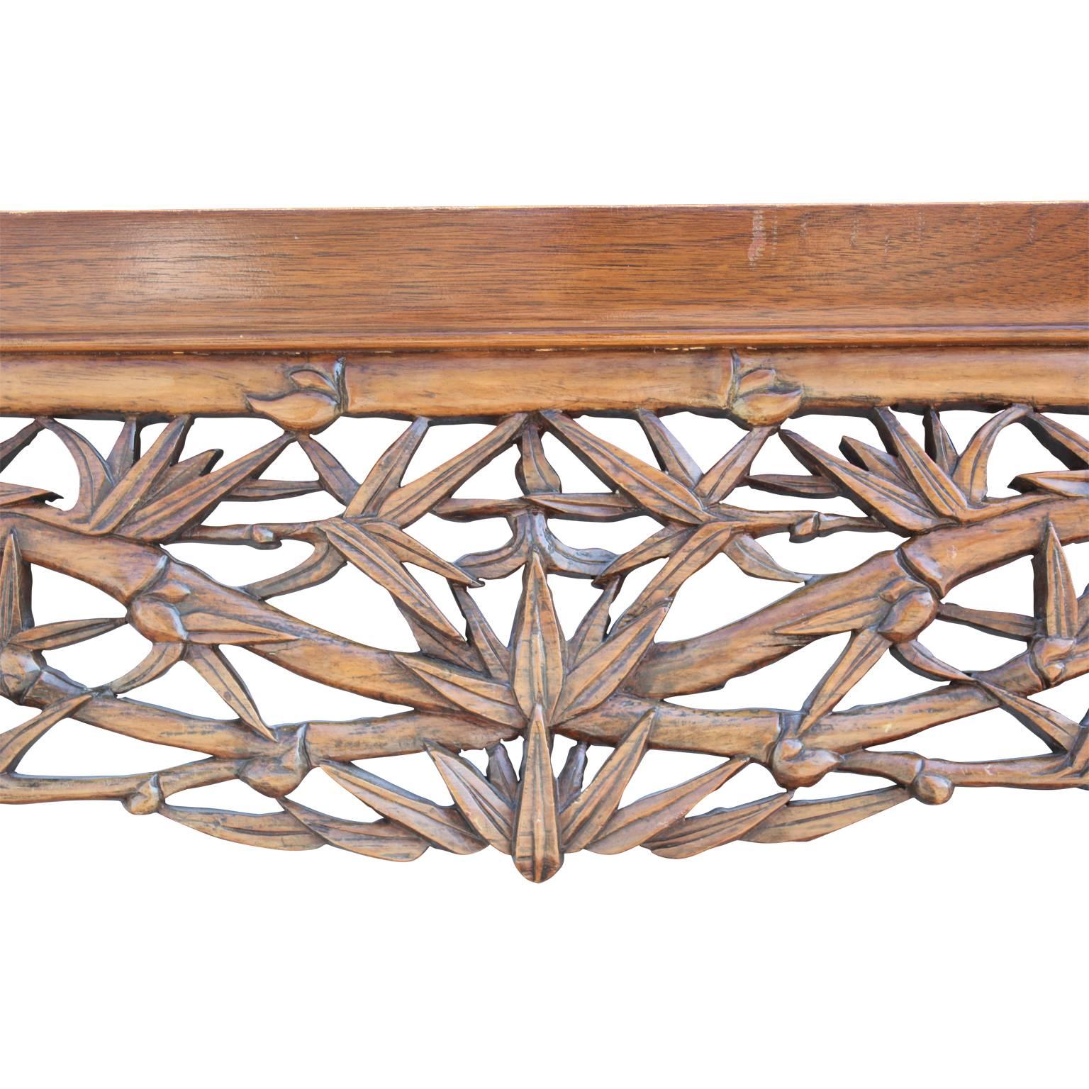Mid-20th Century Modern Teak Console Table with Hand-Carved Asian Motifs & Horse Hoof Feet