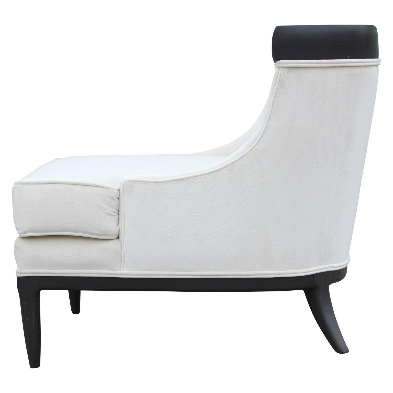 Pair of Modern White Velvet and Black Lounge / Slipper Chairs by Tomlinson  In Excellent Condition In Houston, TX