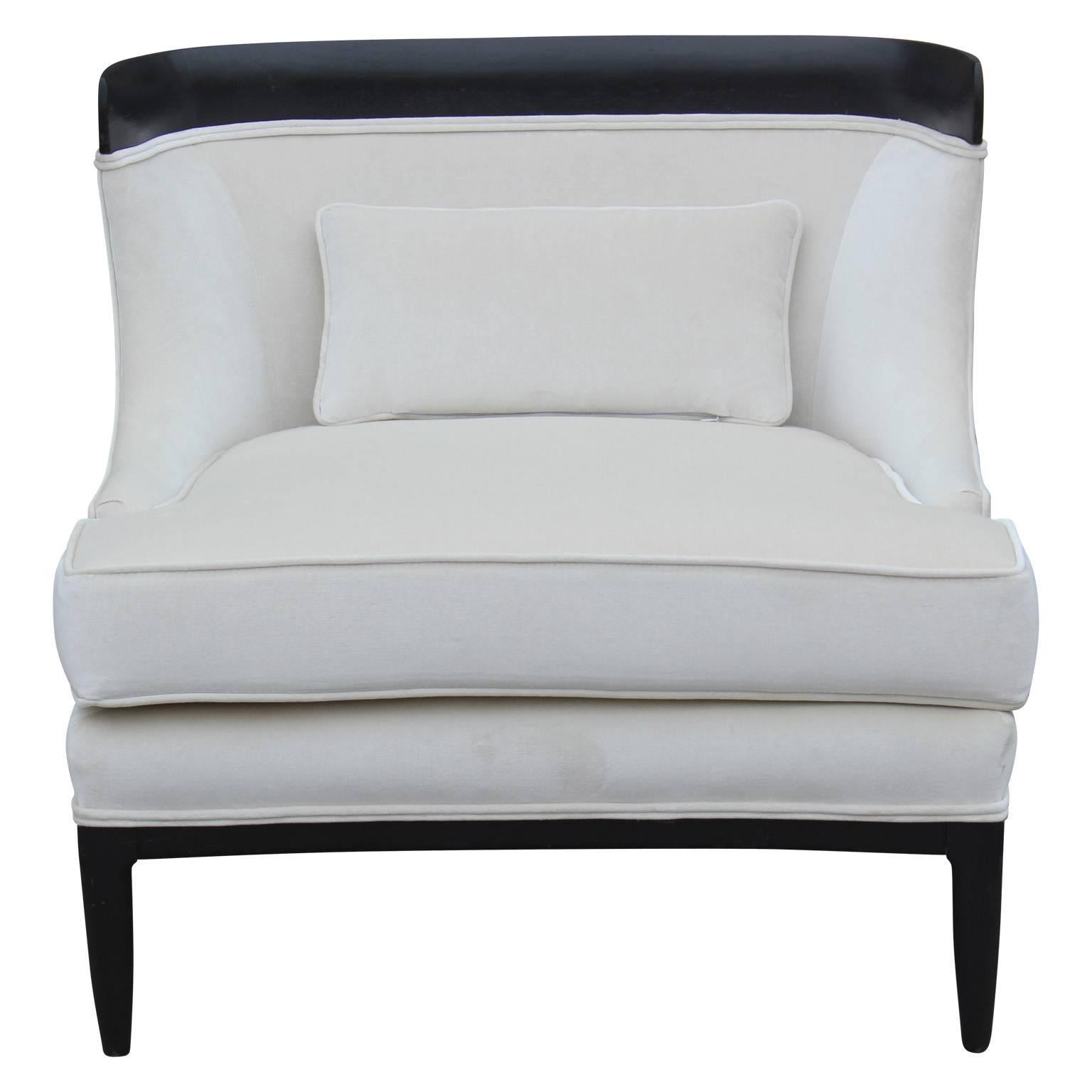 Pair of modern curved lounge chairs by Sophisticate for Tomlinson. Expertly reupholstered in a lush ivory / white velvet and refinished in a nice contrasting black stain. Perfect addition to any modern, transitional, or Hollywood regency home. 