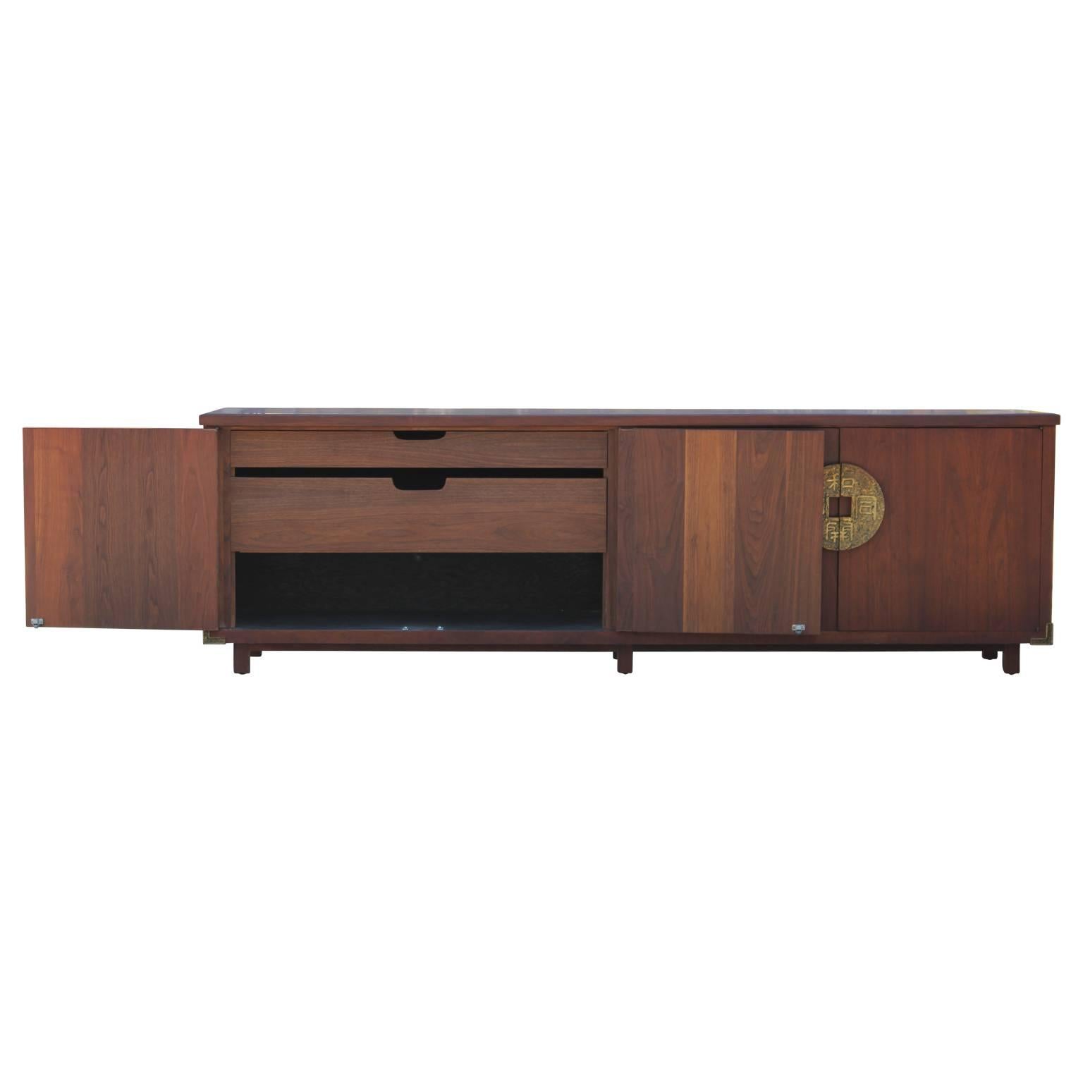 Mid-20th Century Monumental Modern Walnut Sideboard / Buffet With Chinese Brass Hardware 