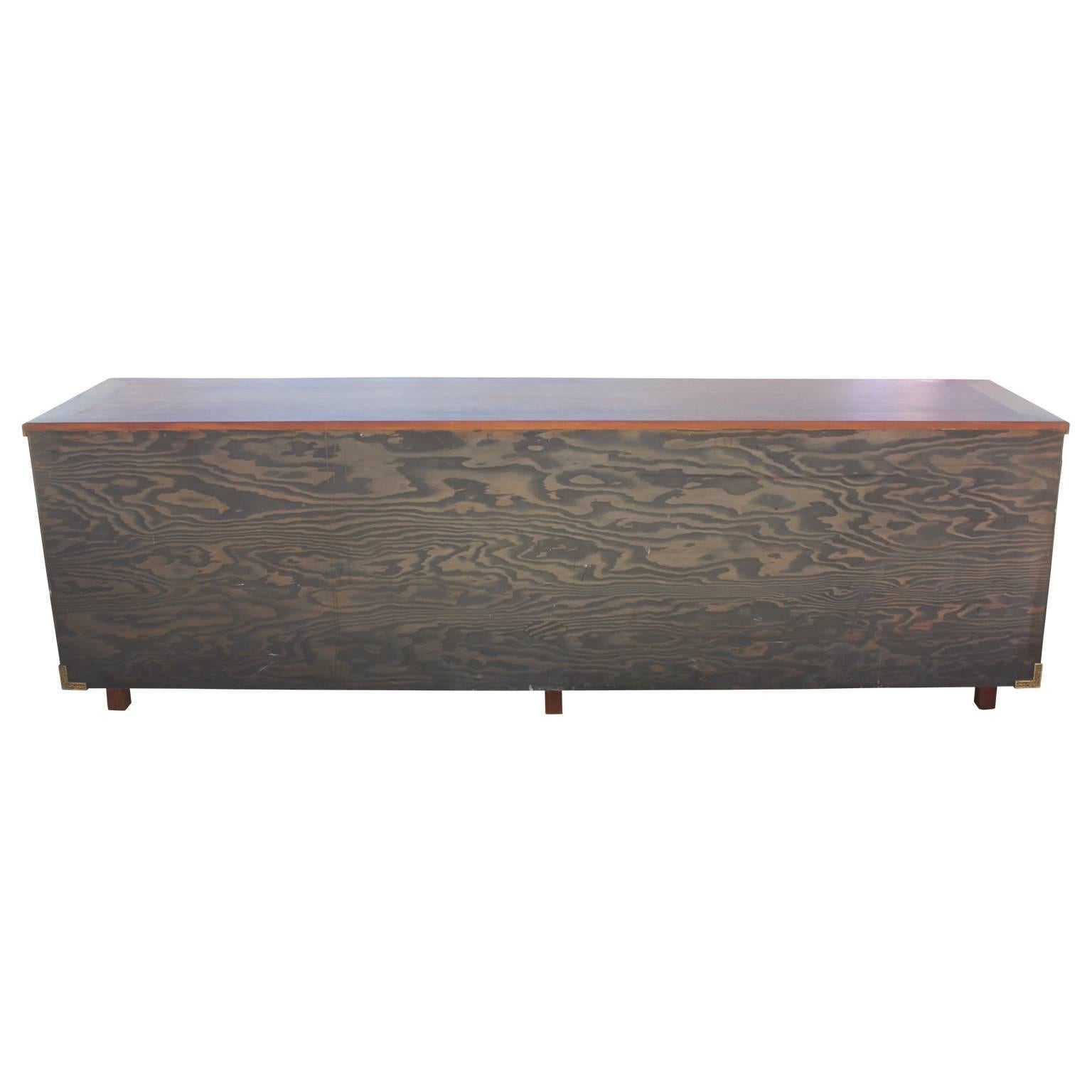 Monumental Modern Walnut Sideboard / Buffet With Chinese Brass Hardware  In Excellent Condition In Houston, TX