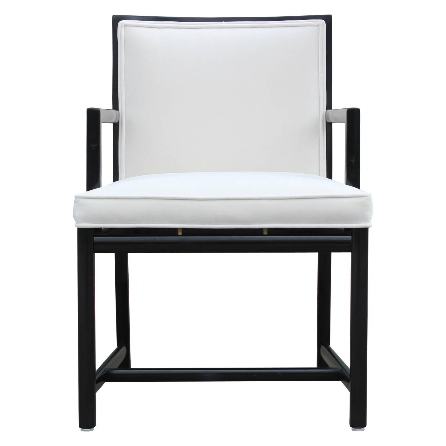 Modern pair of Michael Taylor for Baker Furniture lounge chairs. Freshly upholstered in lush white velvet and black lacquered. 