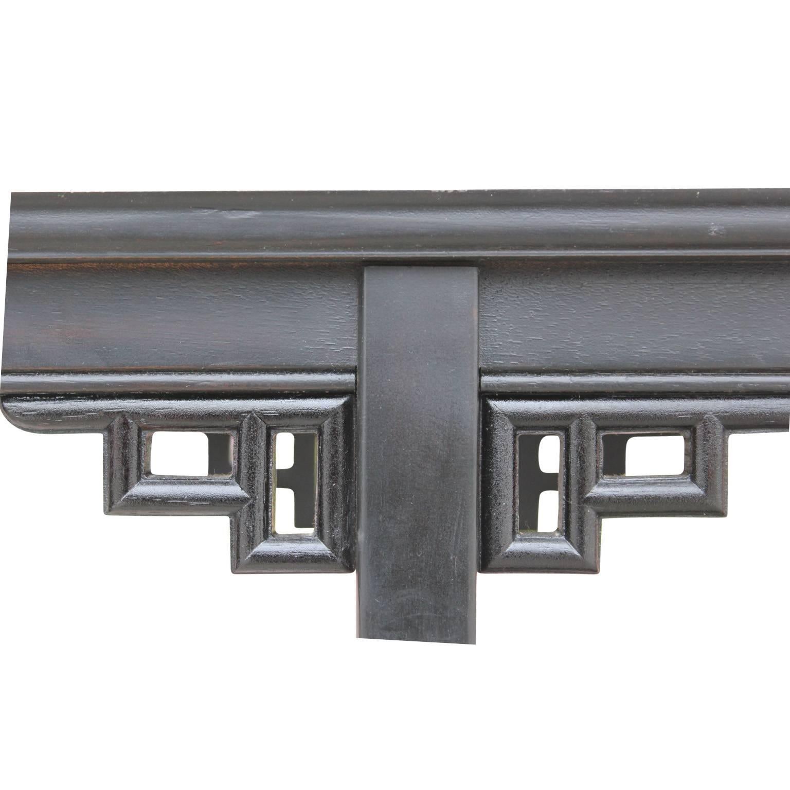 Modern Two-Tiered Pagoda Style Black Console Table with Cane with Brass Feet 1