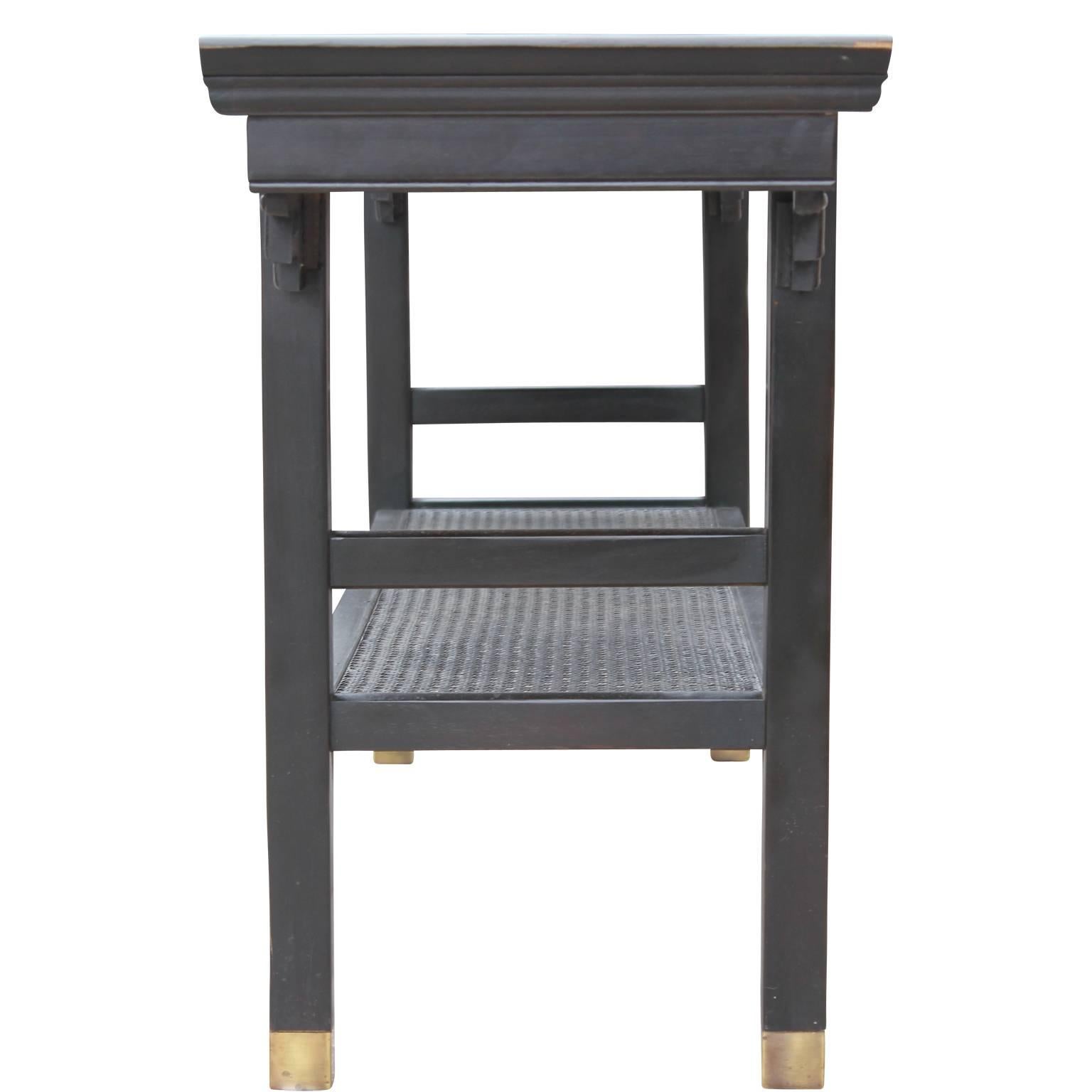 Modern Two-Tiered Pagoda Style Black Console Table with Cane with Brass Feet In Excellent Condition In Houston, TX