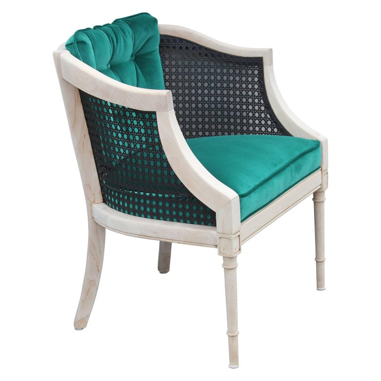 Modern Pair of Black Cane and Bleached Wood Lounge Chairs in Tufted