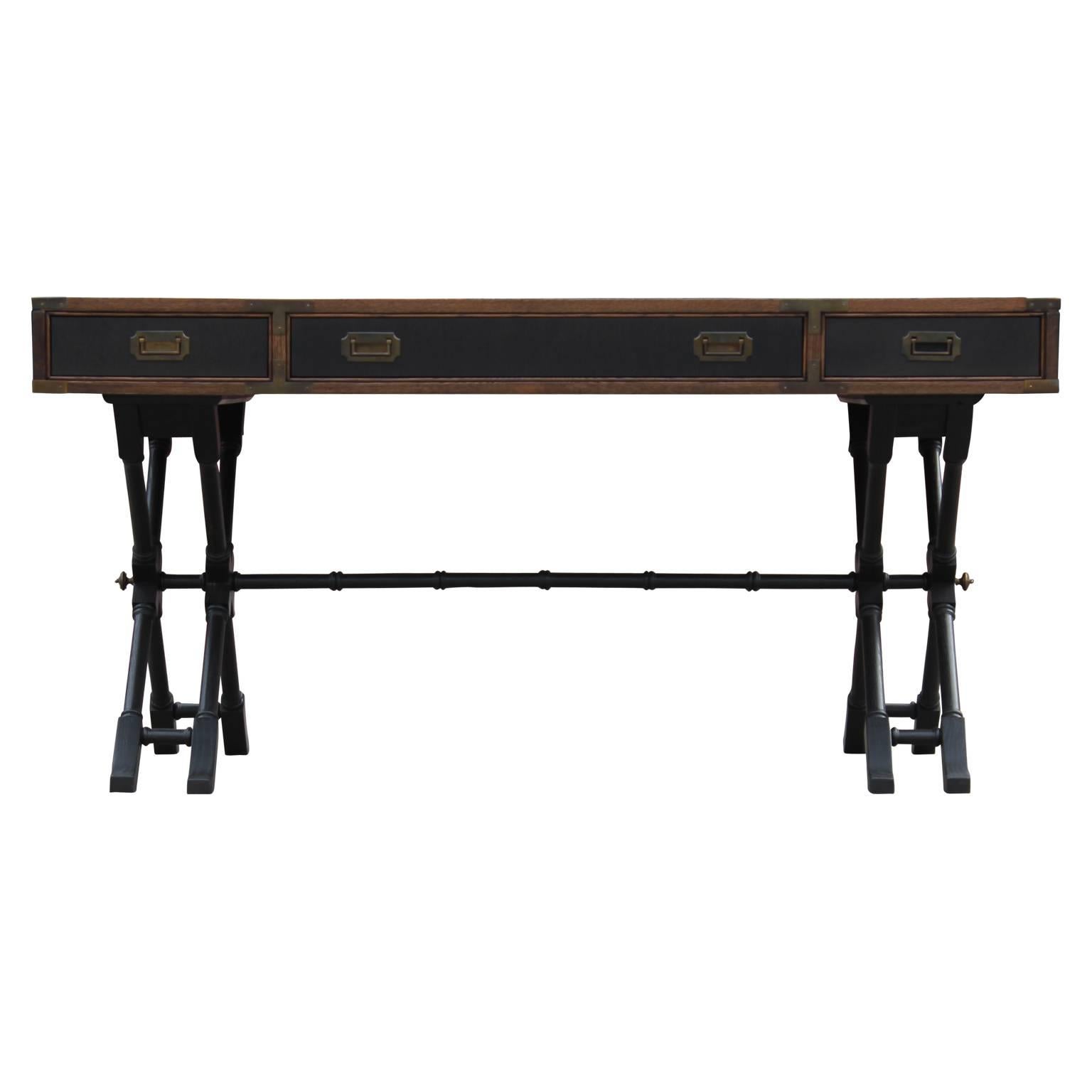 Modern Campaign Style Faux Bamboo Desk with Leather Inserts & Brass by Brandt