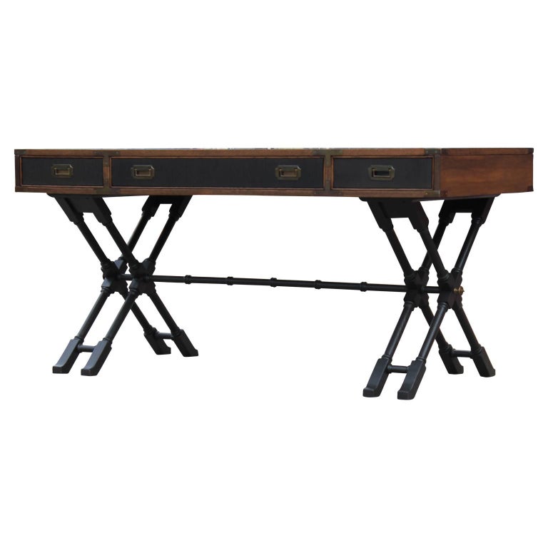 Modern Campaign Style Faux Bamboo Desk with Leather Inserts and Brass