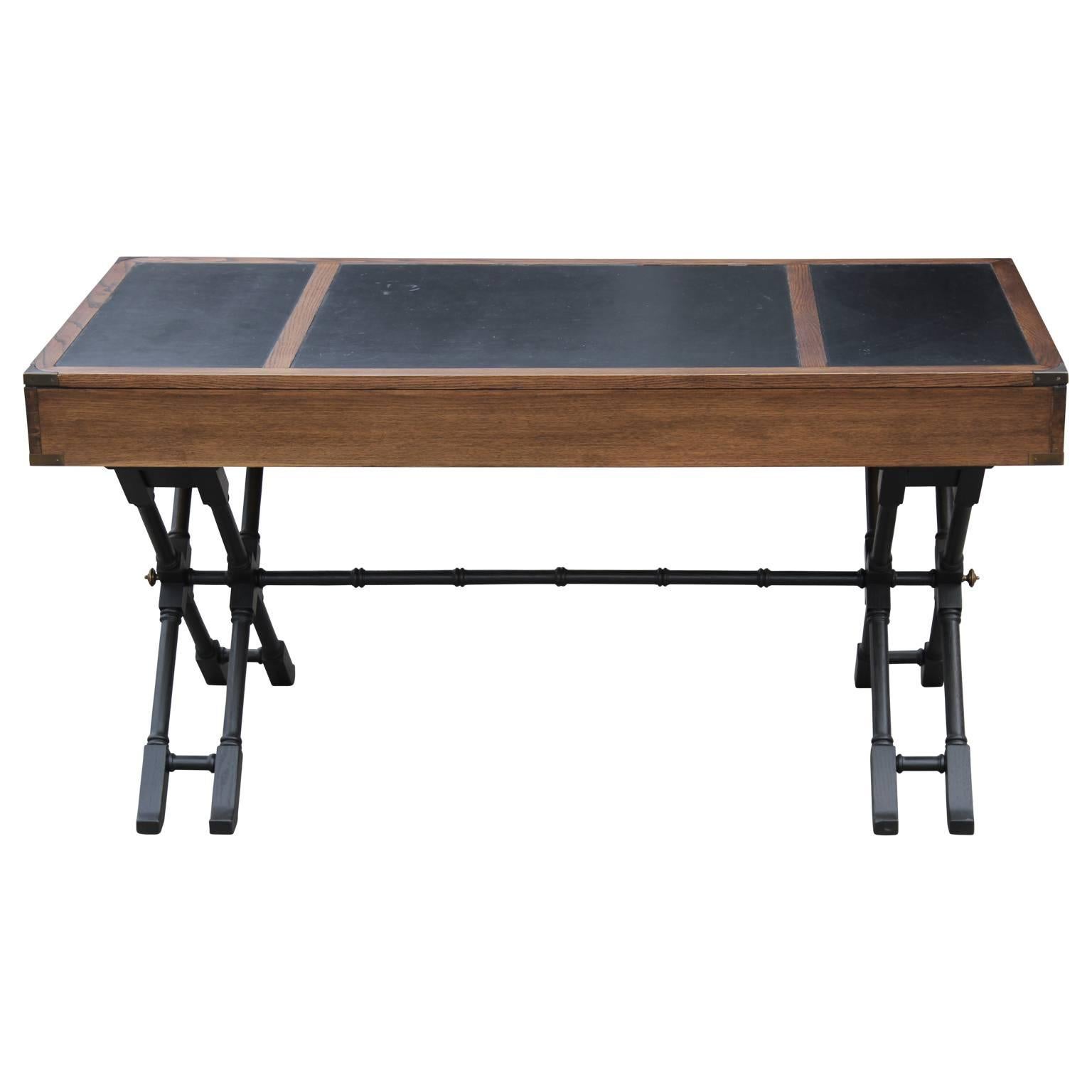 Modern Campaign Style Faux Bamboo Desk with Leather Inserts & Brass by Brandt 3