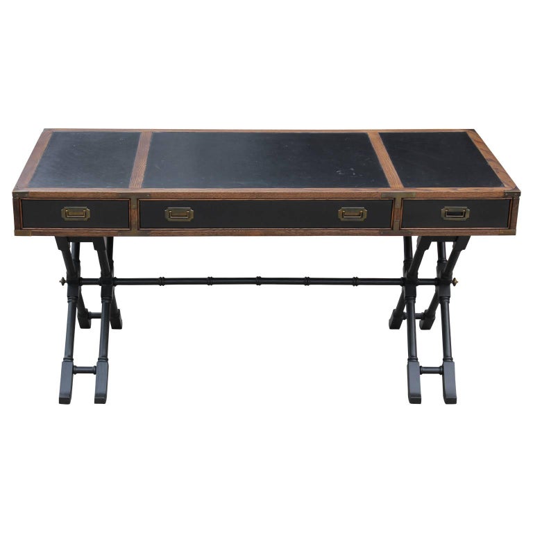 Modern Campaign Style Faux Bamboo Desk with Leather Inserts and Brass