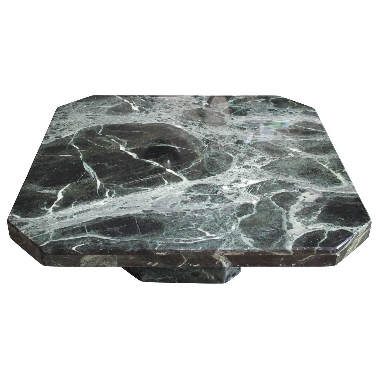 Modern Square Italian Green Marble Pedestal Coffee Table In Excellent Condition In Houston, TX