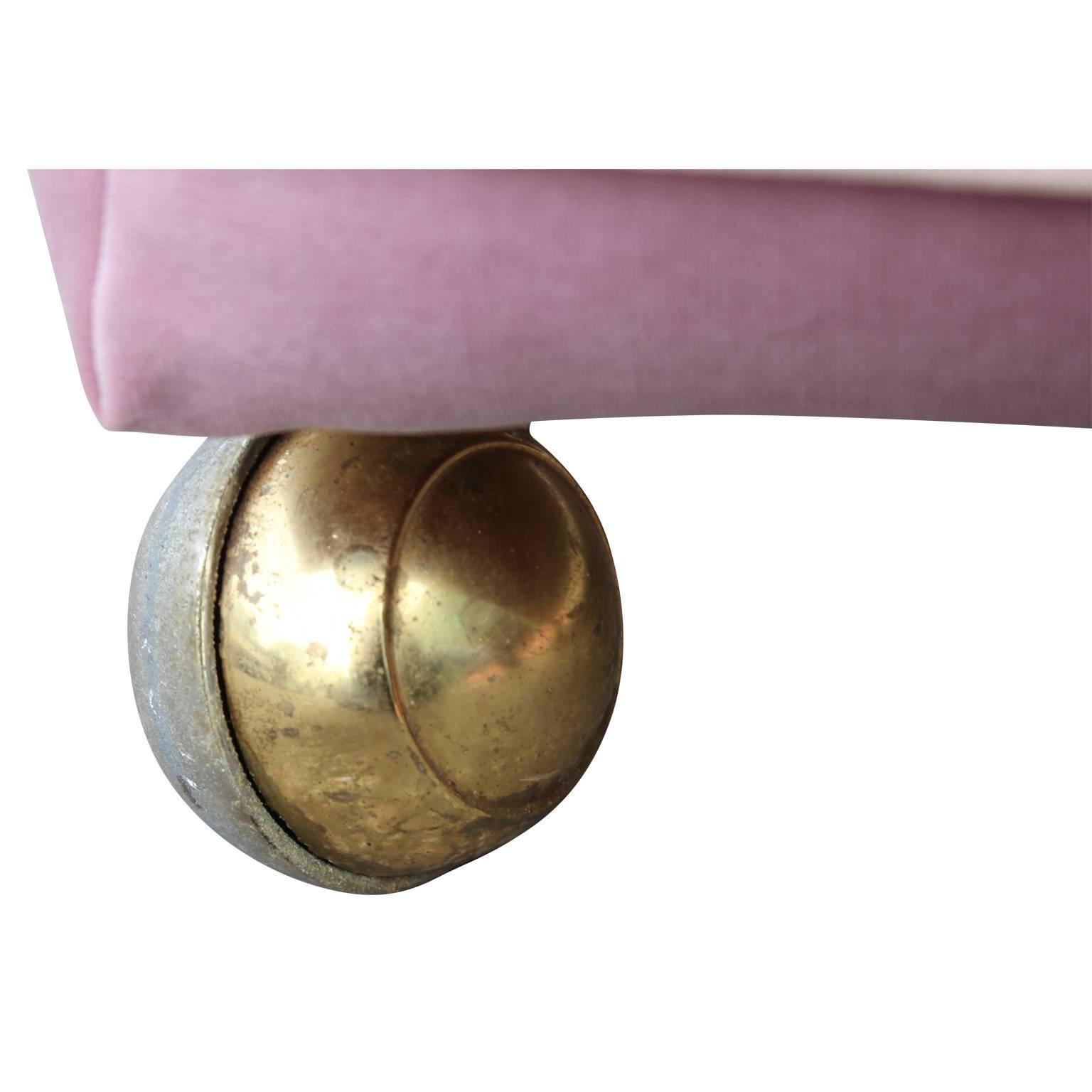 Pair of Custom Pink Velvet Gradient Cushion Stools with Rolling Brass Feet In Excellent Condition In Houston, TX