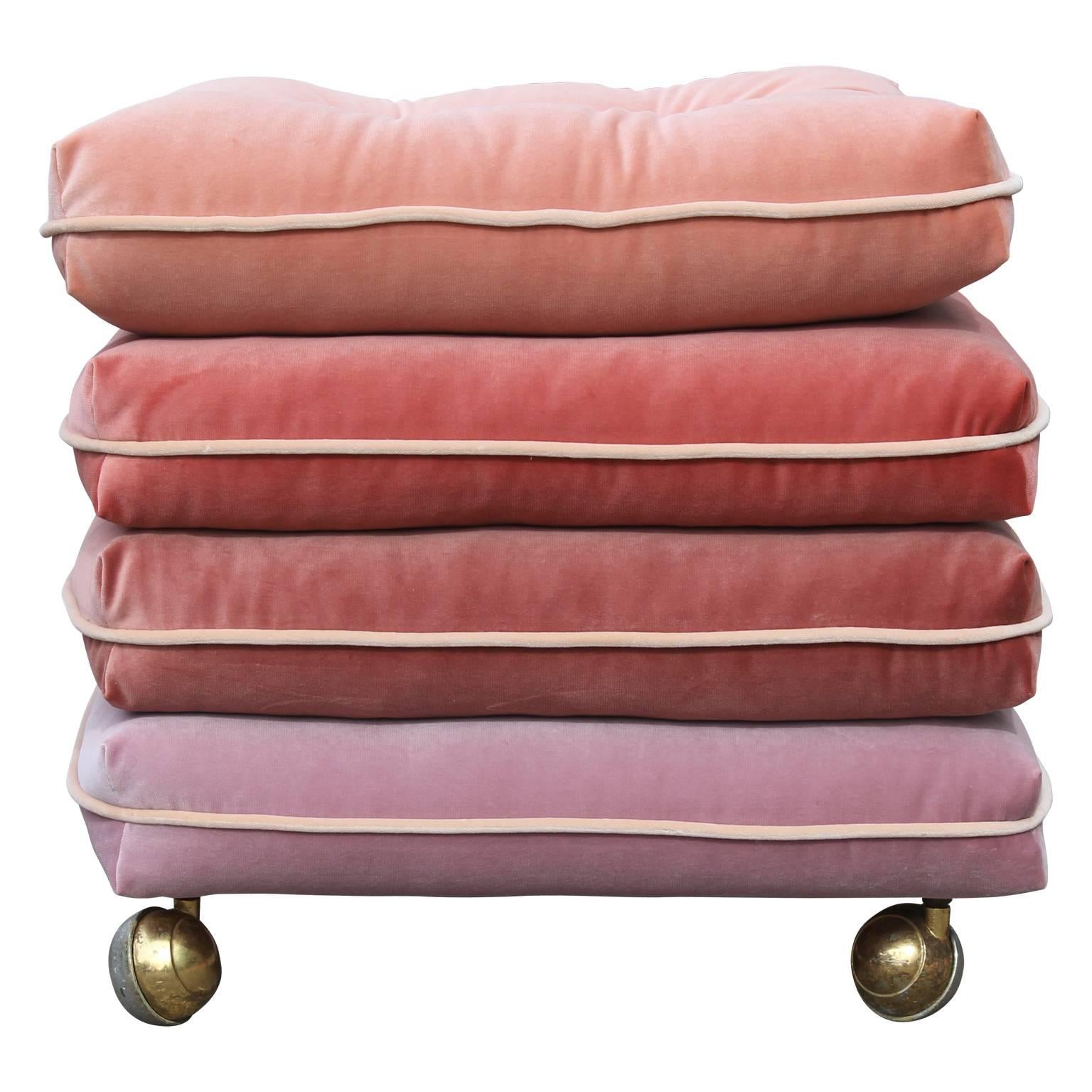 Modern Pair of Custom Pink Velvet Gradient Cushion Stools with Rolling Brass Feet