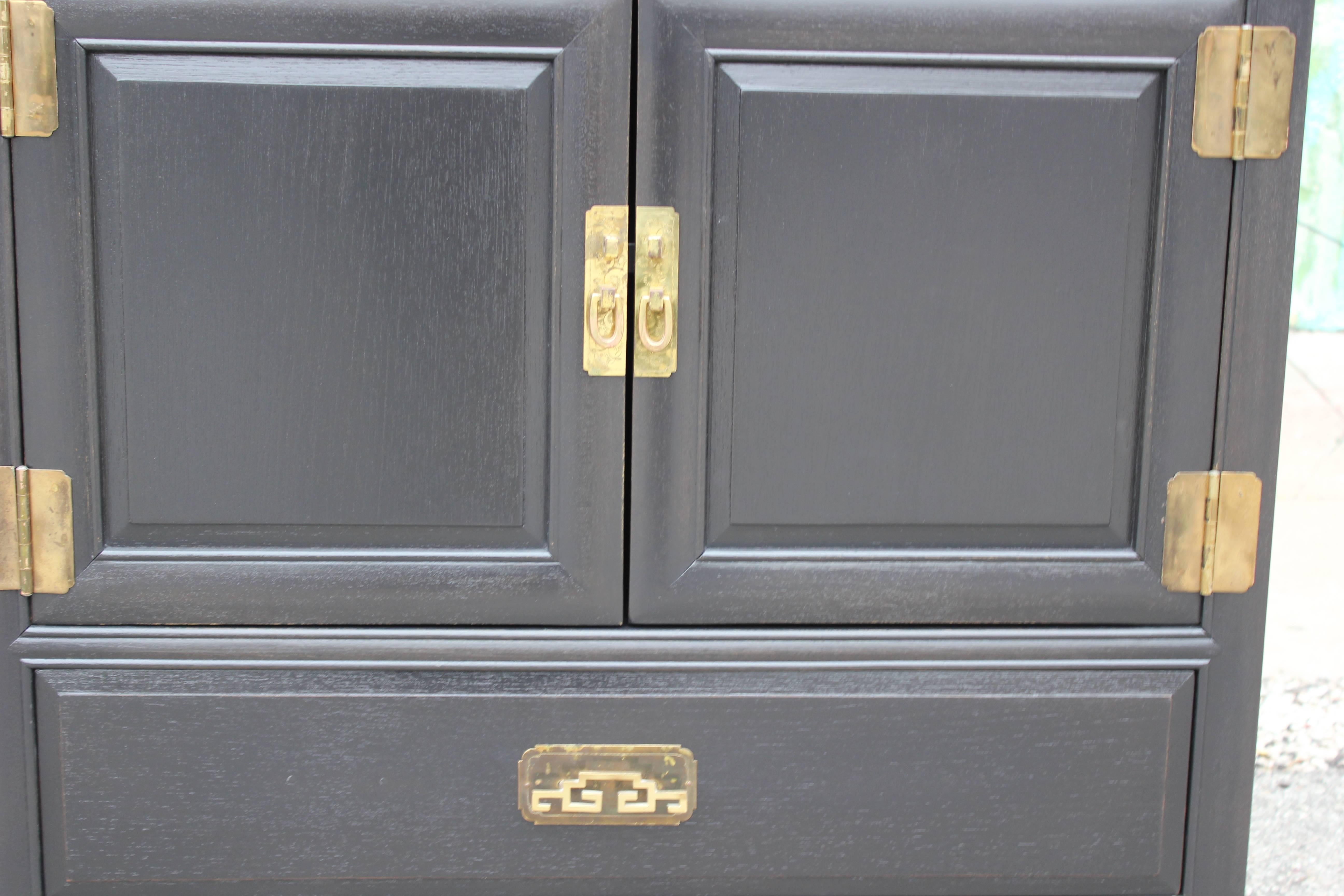 Brass Pair of Chow's Oriental Furniture Co. Black Mismatched Chests