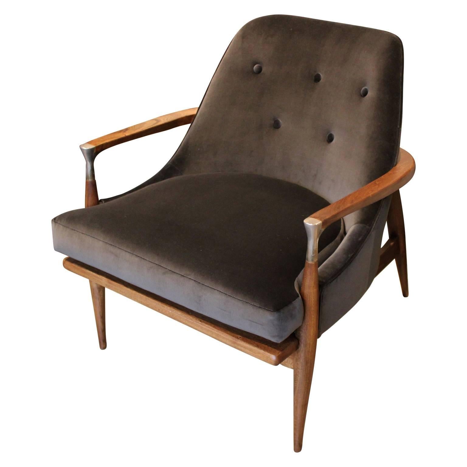 Modern Danish Kofod-Larsen Style Lounge Chair in Grey Velvet with Walnut Finish In Excellent Condition In Houston, TX