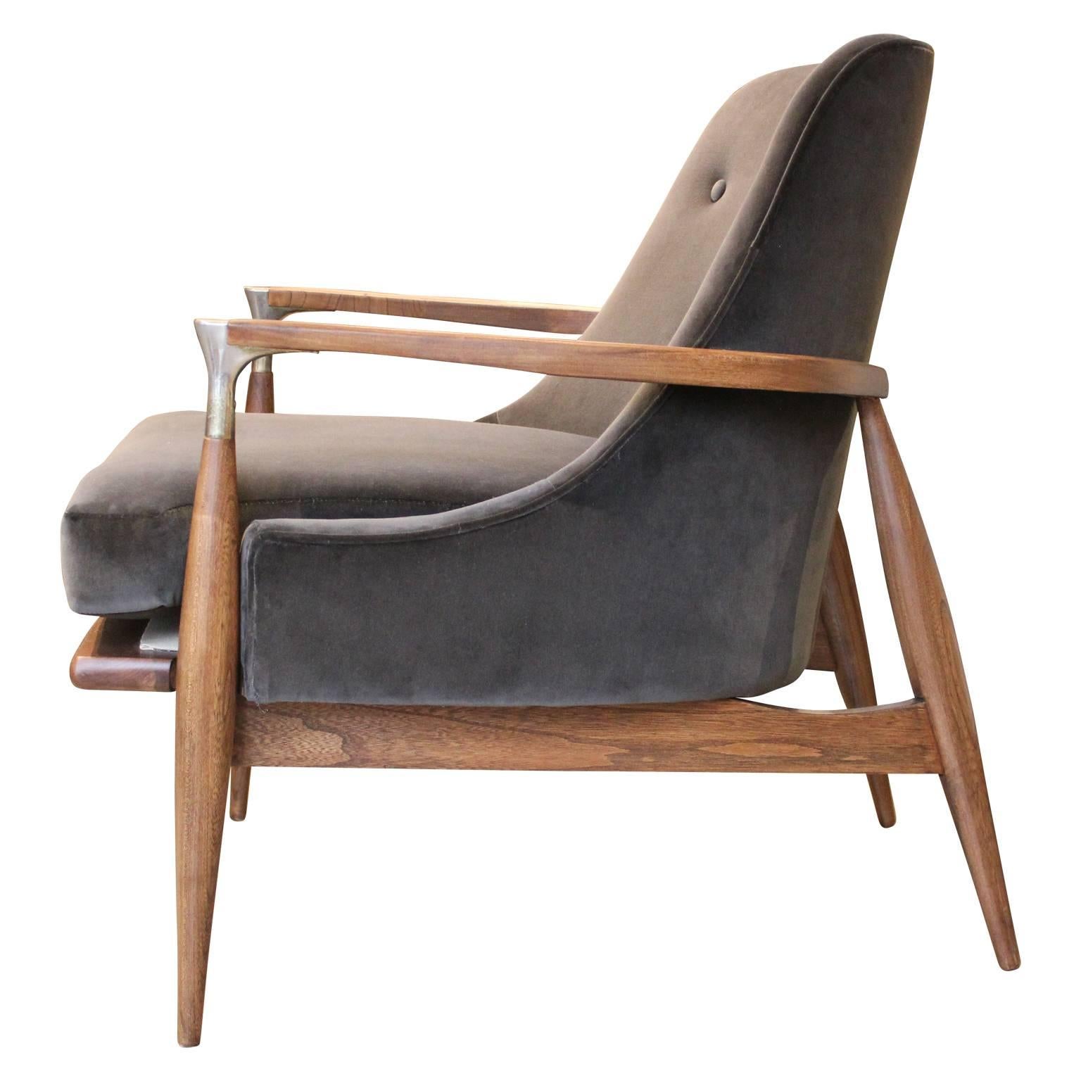 Modern Danish Kofod-Larsen Style Lounge Chair in Grey Velvet with Walnut Finish 1