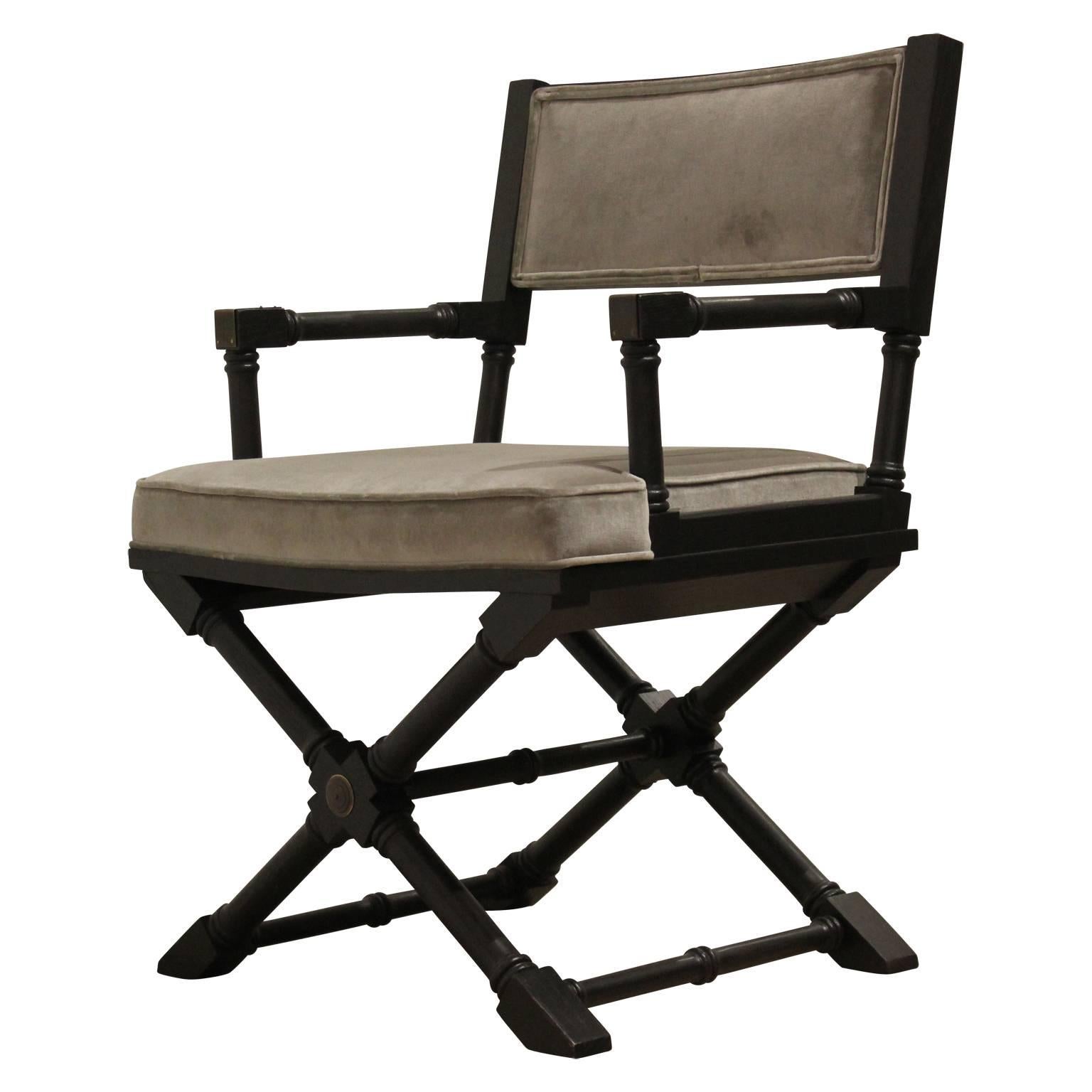 Pair of Campaign Style Black Stained Armchairs in Grey Velvet w/ Brass Detailing In Excellent Condition In Houston, TX