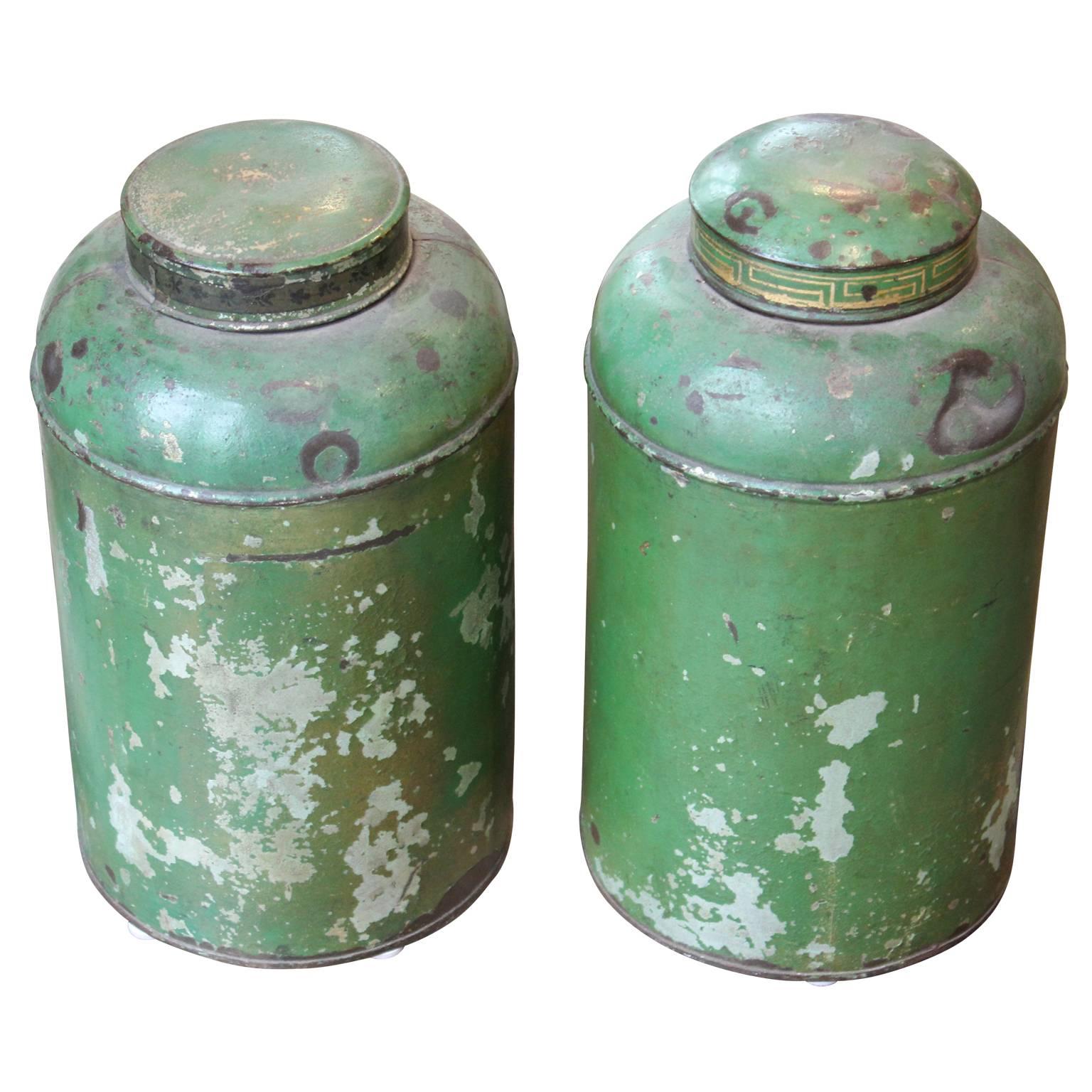 Pair of English Green Tin Tole Tea Canisters or Jars  In Fair Condition In Houston, TX