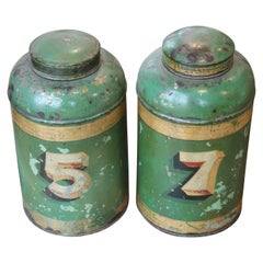 Pair of English Green Tin Tole Tea Canisters or Jars