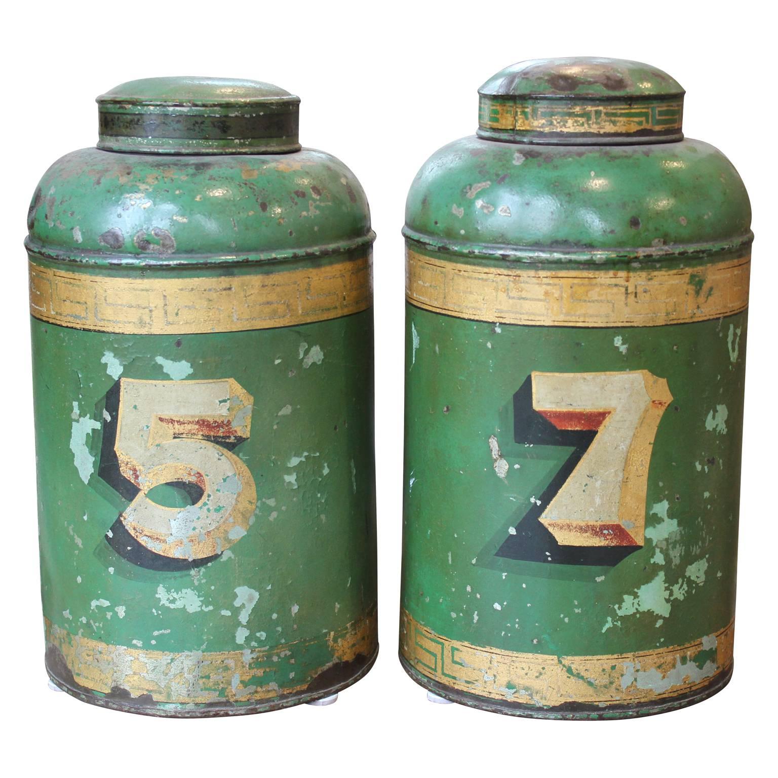 Pair of English Green Tin Tole Tea Canisters or Jars 