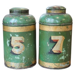 Antique Pair of English Green Tin Tole Tea Canisters or Jars 