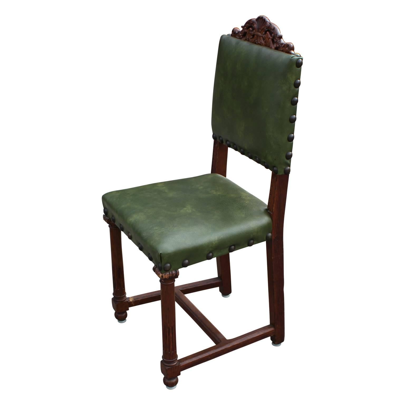 Louis XV Pair of French Renaissance Carved Oak Green Side Chairs