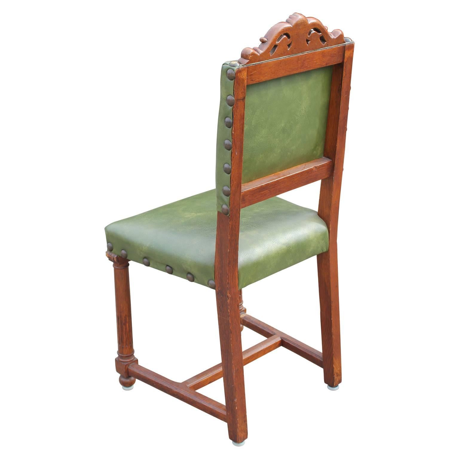 Pair of French Renaissance Carved Oak Green Side Chairs In Excellent Condition In Houston, TX