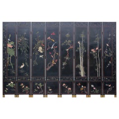 Paravent chinois à huit panneaux Coromandel, personnages Hanzi sculptés et peints à la main