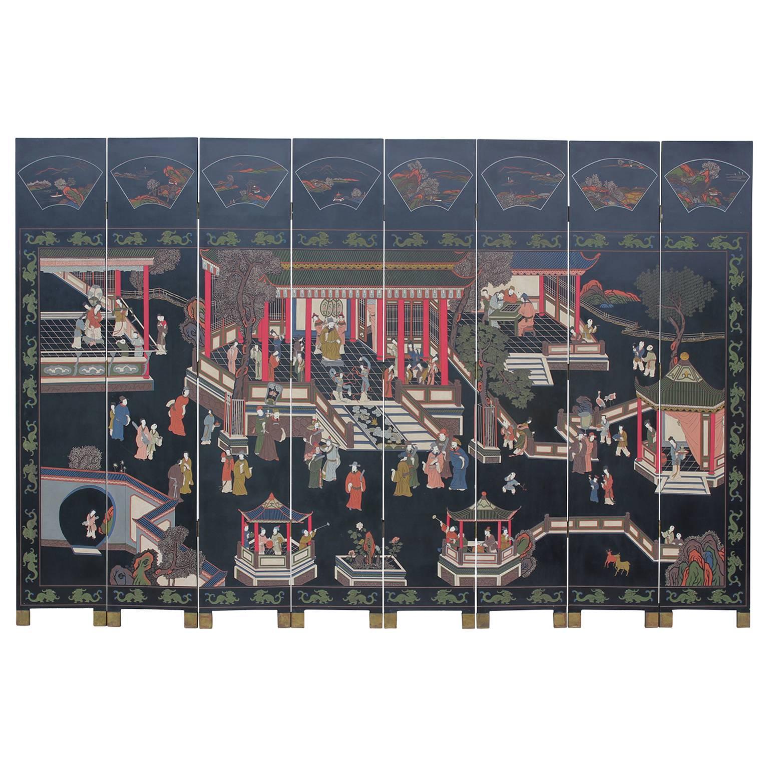 Chinese Eight-Panel Coromandel Screen, Hand Carved and Painted Hanzi Characters