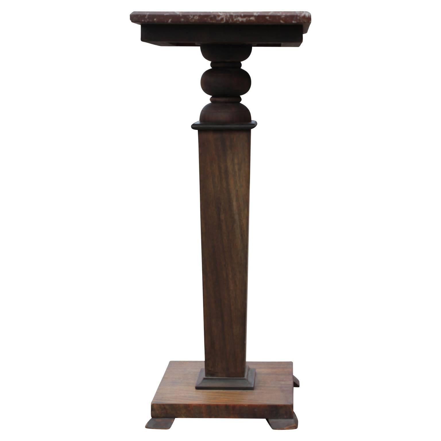 Hollywood Regency Walnut Pedestal with Square Marble Top