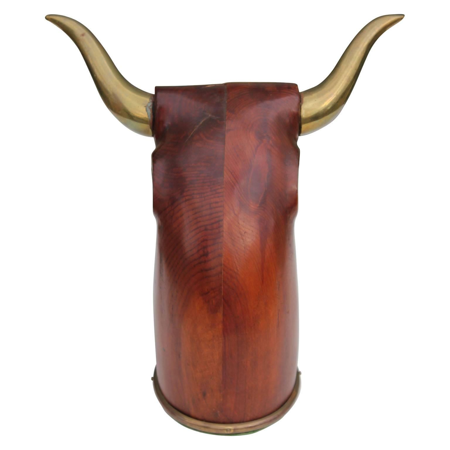 Spanish Modern Wood and Brass Sarreid Bull Head Sculpture