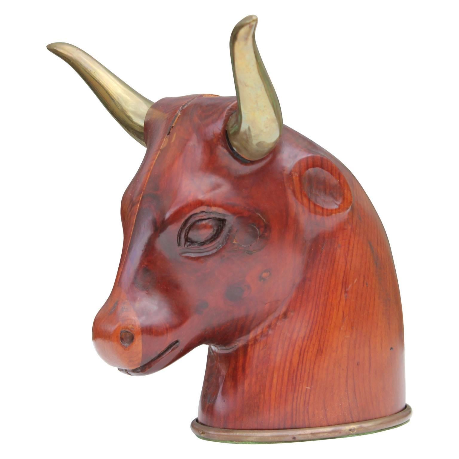 Modern Wood and Brass Sarreid Bull Head Sculpture