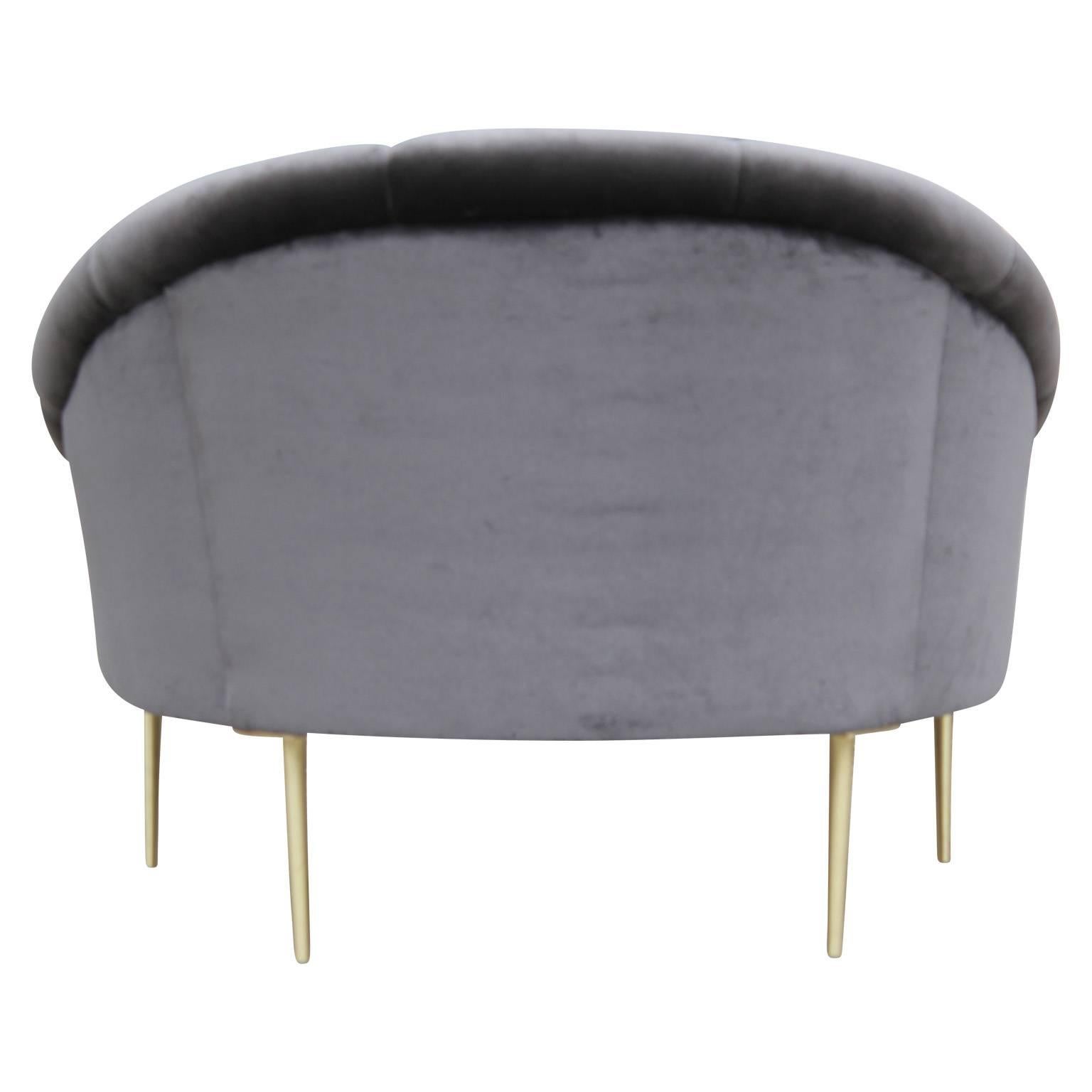 Modern Custom Dark Grey Charcoal Velvet Lounge Chair with Brass Legs 2