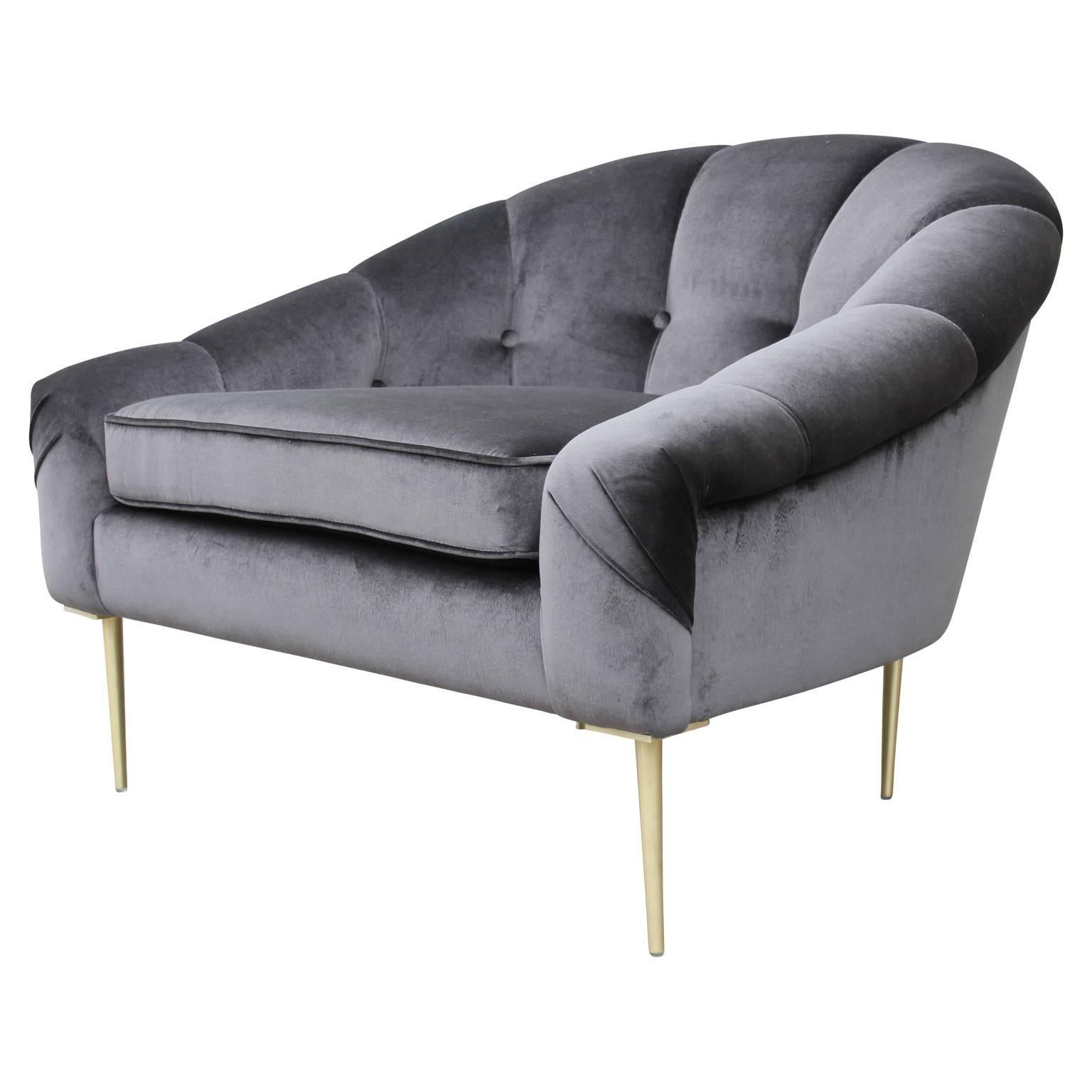 Contemporary Modern Custom Dark Grey Charcoal Velvet Lounge Chair with Brass Legs
