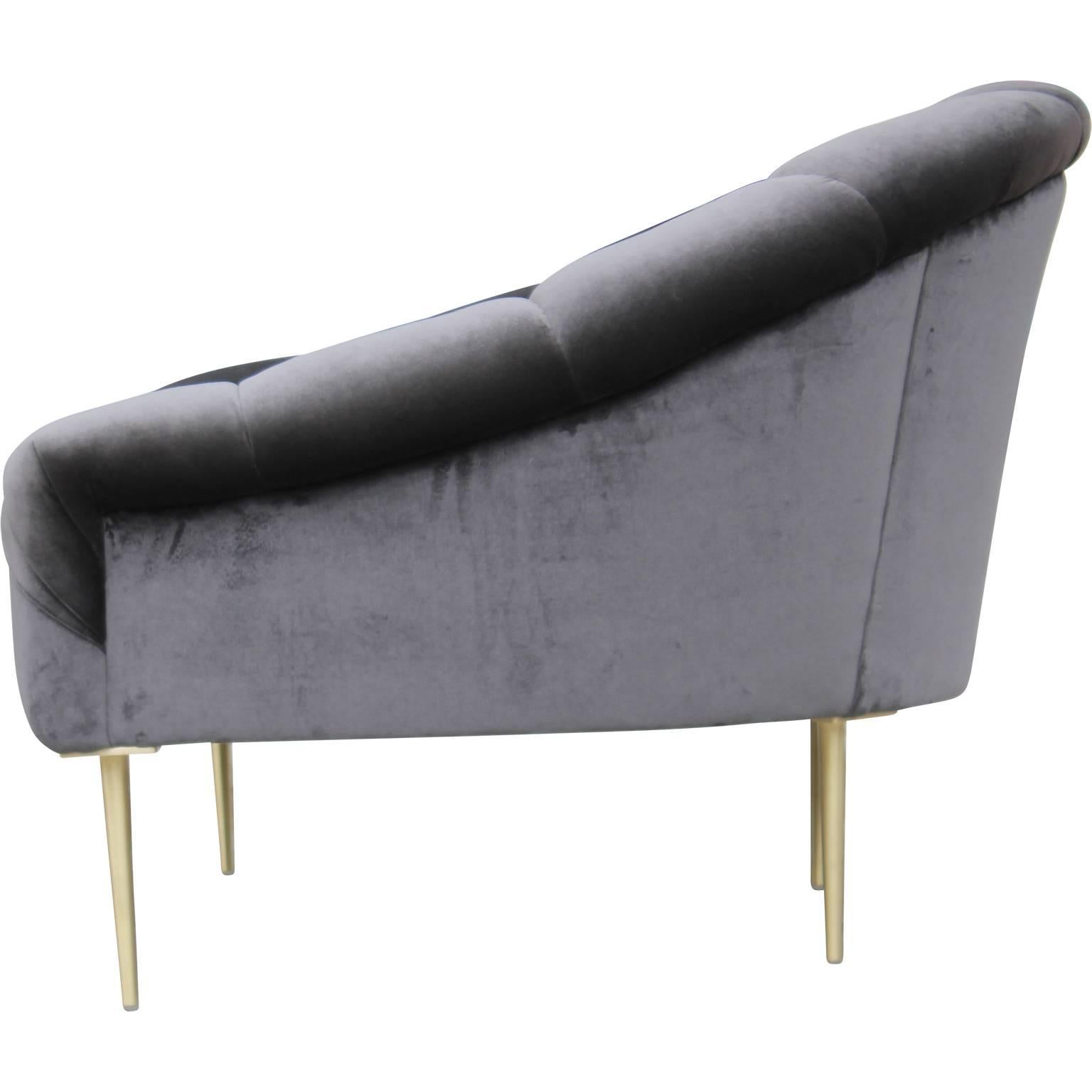 Modern Custom Dark Grey Charcoal Velvet Lounge Chair with Brass Legs 1