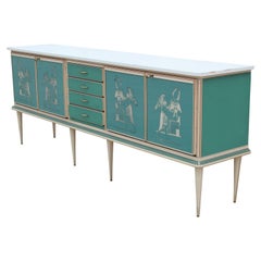 Retro Modern Turquoise and White Credenza with Egyptian Motifs and Brass Hardware