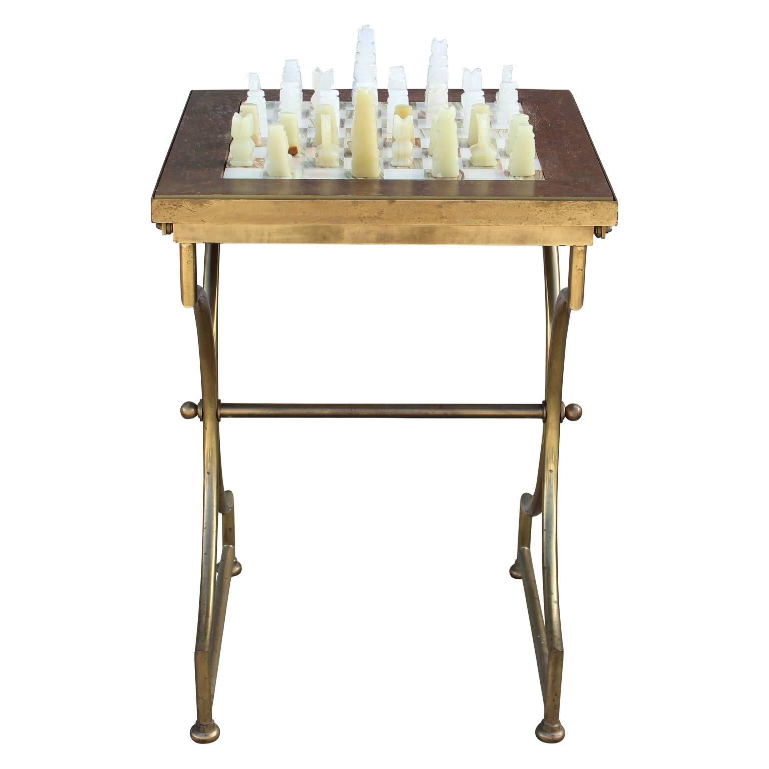 Hollywood Regency Modern Square Onyx Chess Table with Brass Base and Onyx Chess Set