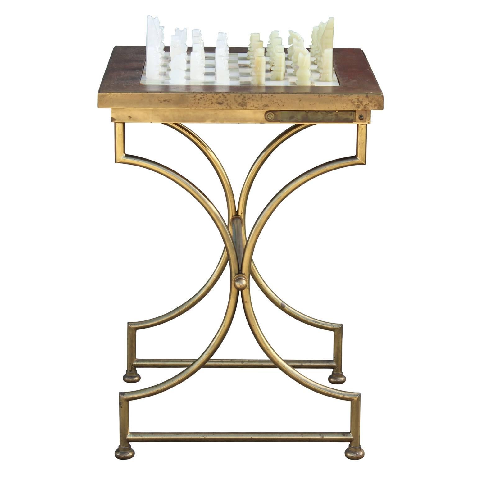 Modern Square Onyx Chess Table with Brass Base and Onyx Chess Set