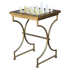 Modern Square Onyx Chess Table with Brass Base and Onyx Chess Set